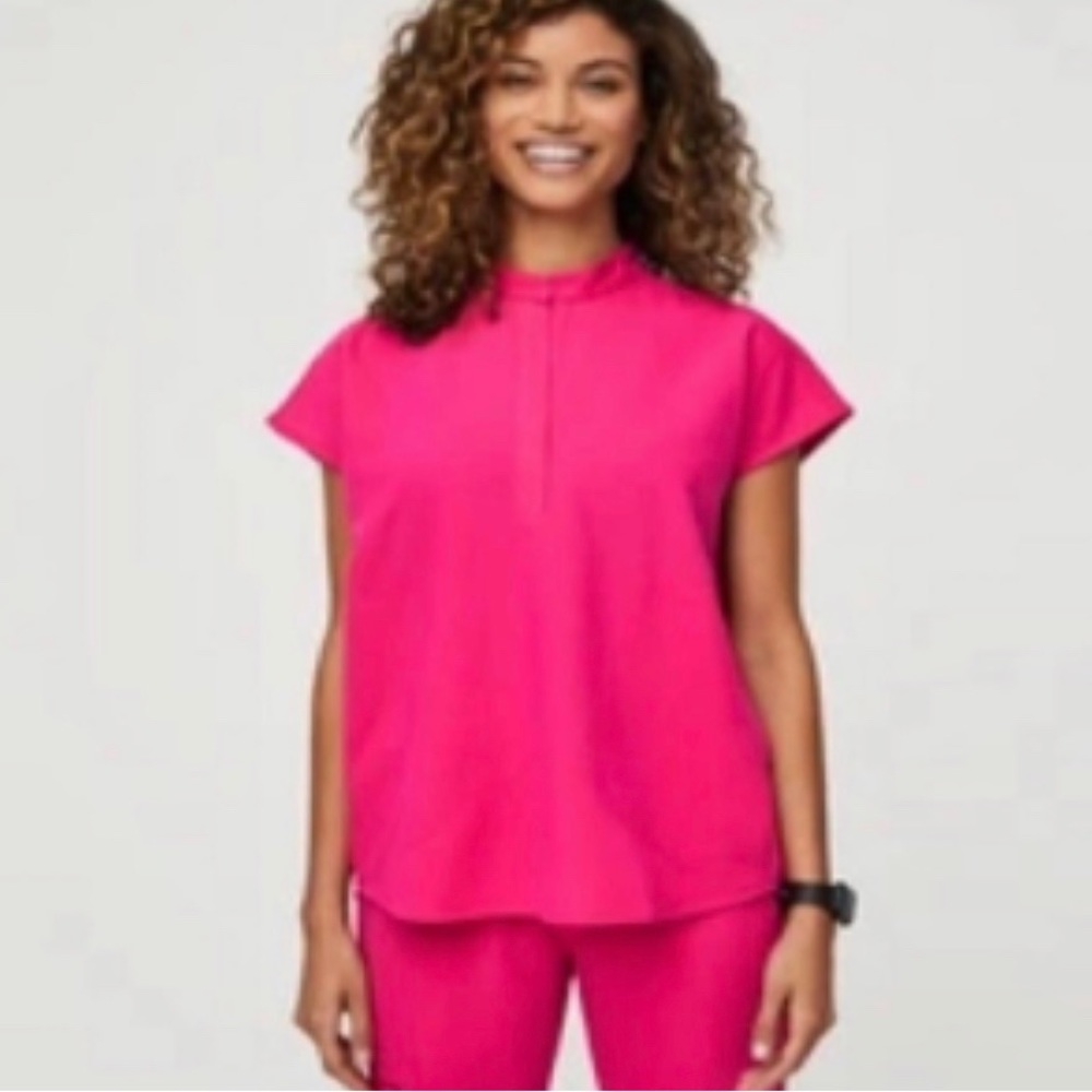 Figs Rafaela Mandarin Collar Scrub Shocking Pink